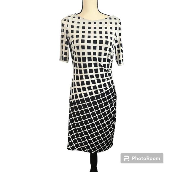 Anne Klein | Cream Black Geometric Career Wear Rouched Short Sleeve Dress Sz 6 - Picture 1 of 4